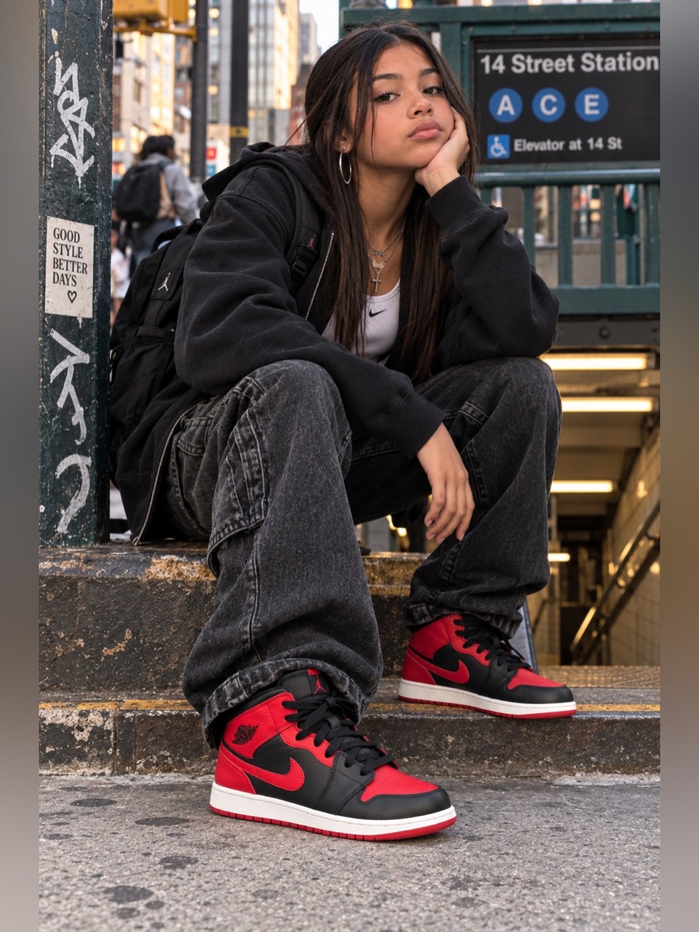 Nike Air Jordan 1 Mid Banned Black Red  Bred Retro Shoes GS 6 Youth Excellent